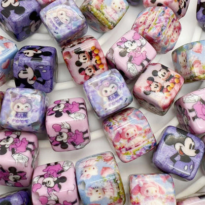 Square Acrylic Beads 14mm Diagonal-Hole Mickey and Sanrio Printed 50pcs