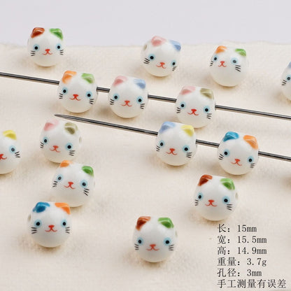 Colorful Cat Head Ceramic Beads 15mm Hand Painted 10pcs 6