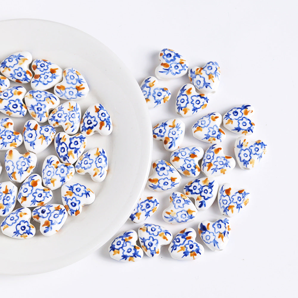 Fresh Floral Heart Ceramic Beads 15mm Hand Painted 5pcs 8