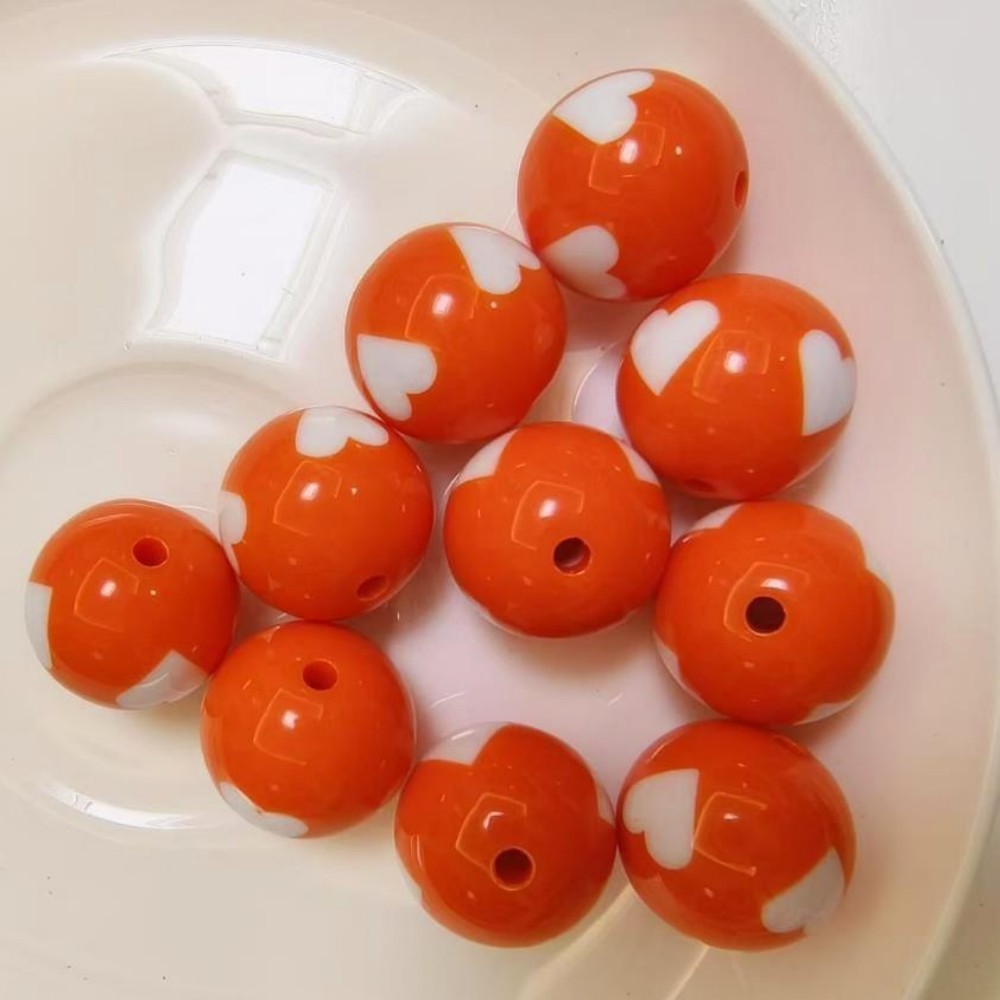 Printed Bubblegum Beads 20mm Orange with White Heart Design 10pcs 3