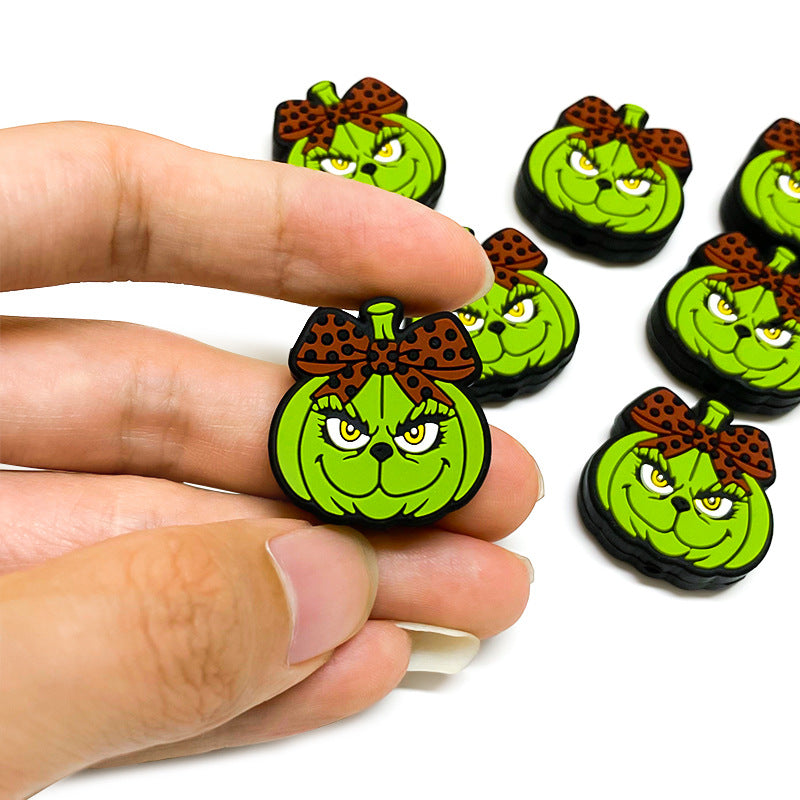 Silicone Focal Beads Halloween Green Pumpkin with Bow 20pcs 5