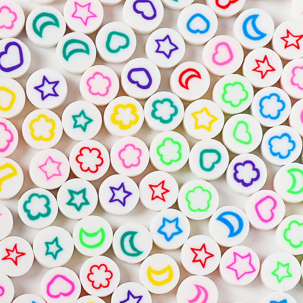 Flat Round Clay Beads 9mm Star & Moon Pattern Polymer 100pcs