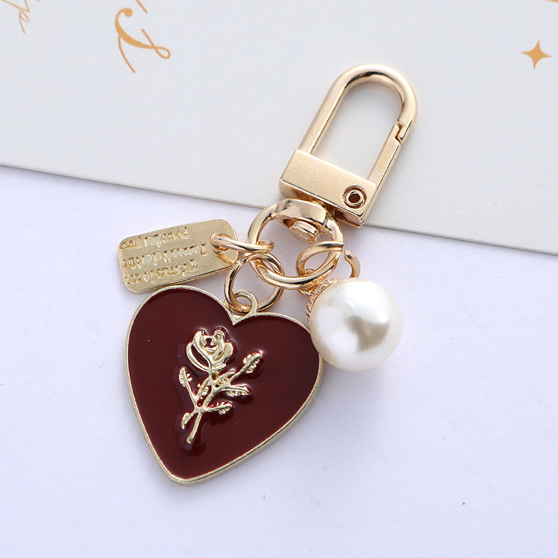 Pearl Rose Heart Flower Alloy Keychain Gold Tone Romantic Charm 6