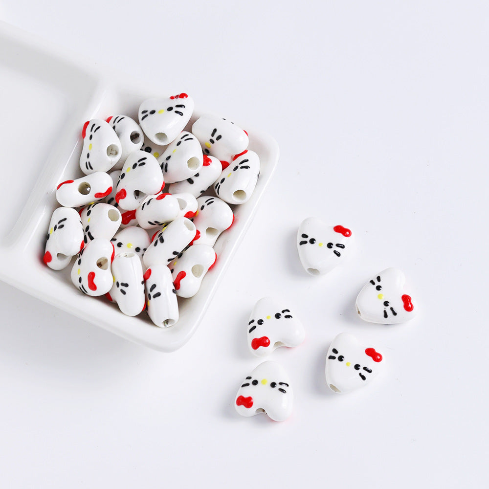 Hand Painted Animal Heart Ceramic Beads 15mm Colorful 5pcs 5
