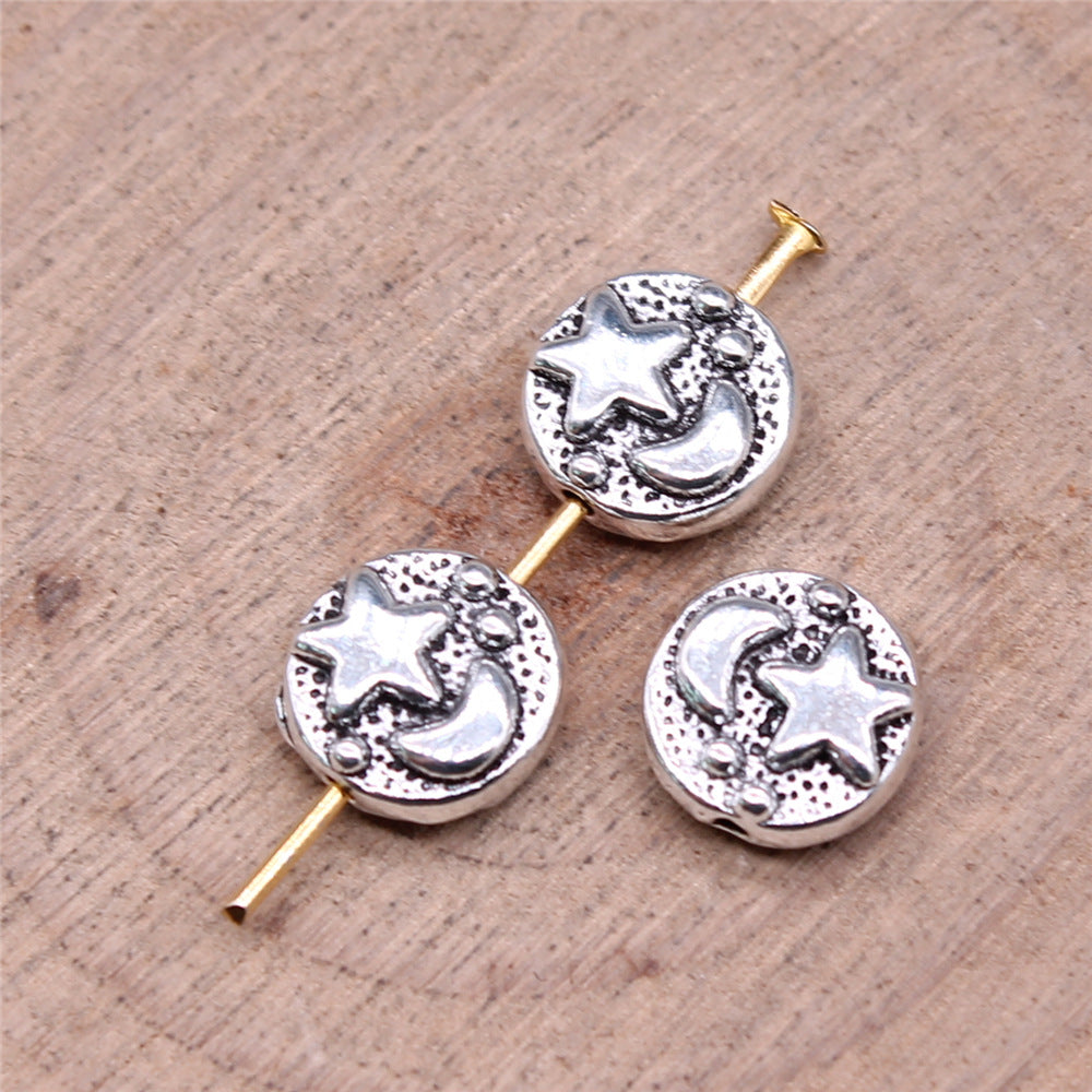 Convex Star and Moon Metal Beads 9mm Textured Silver Tone 40pcs 2