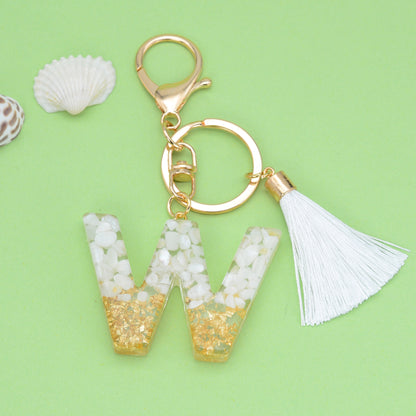 Tassel Letter A Keychain Resin Gold Flakes White Tassel 52