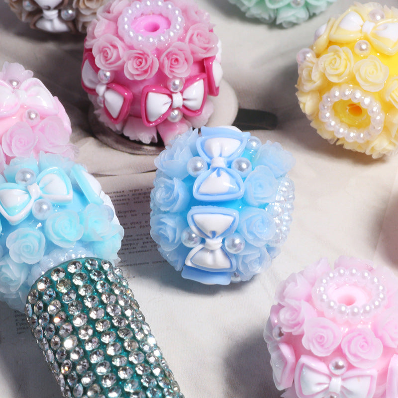 Floral Bubblegum Beads 20mm Bow Rose Cluster Polymer Clay 5pcs 3