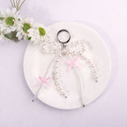Pearl Bow Keychain Pink Satin Ribbon Resin Metal 2pcs 2