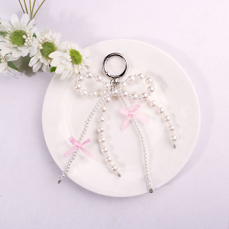 Pearl Bow Keychain Pink Satin Ribbon Resin Metal 2pcs 2
