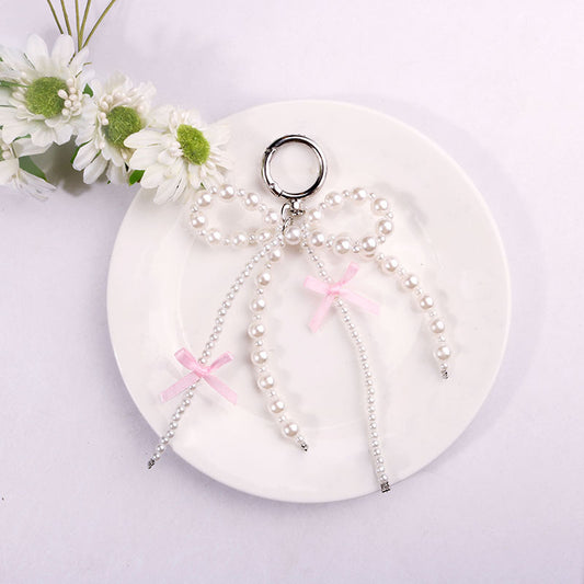 Pearl Bow Keychain Pink Satin Ribbon Resin Metal 2pcs 2