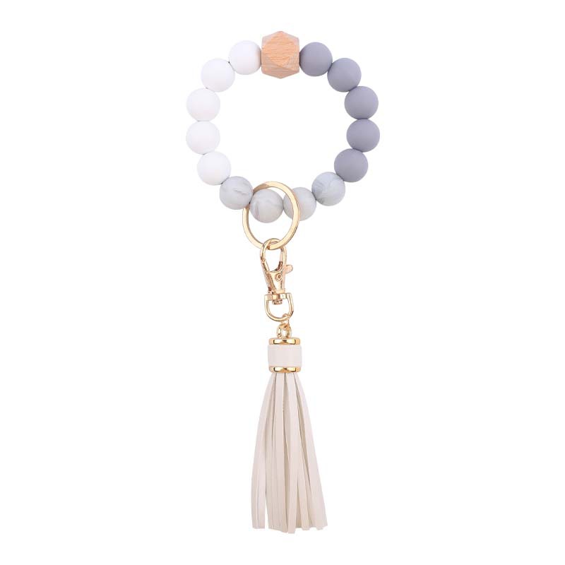 Silicone Beaded Wristlet Keychain with PU Tassel and Wood Accent 15