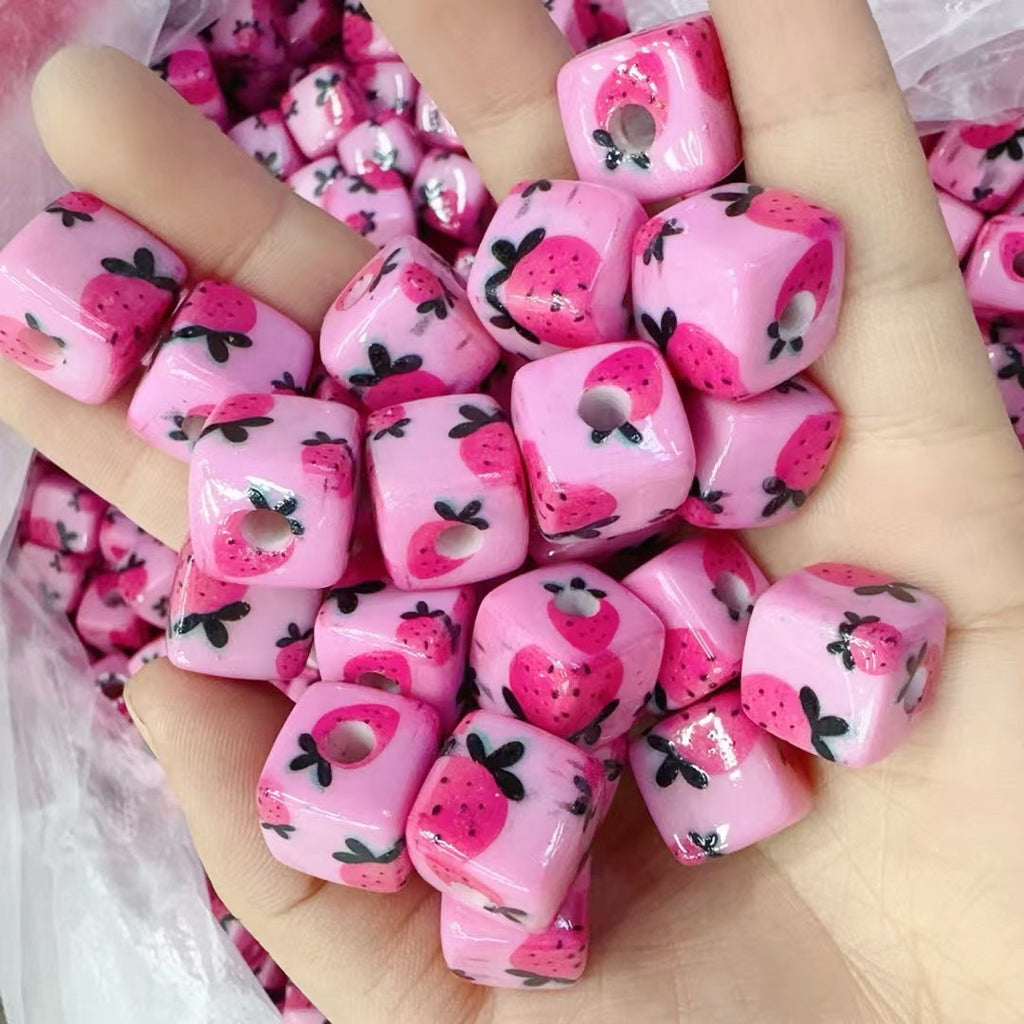 Pink Strawberry Printed Acrylic Square Beads 14mm 50pcs