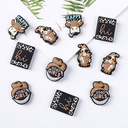 Silicone Focal Beads Cowboy Hat Happy Text Denim 20pcs 4