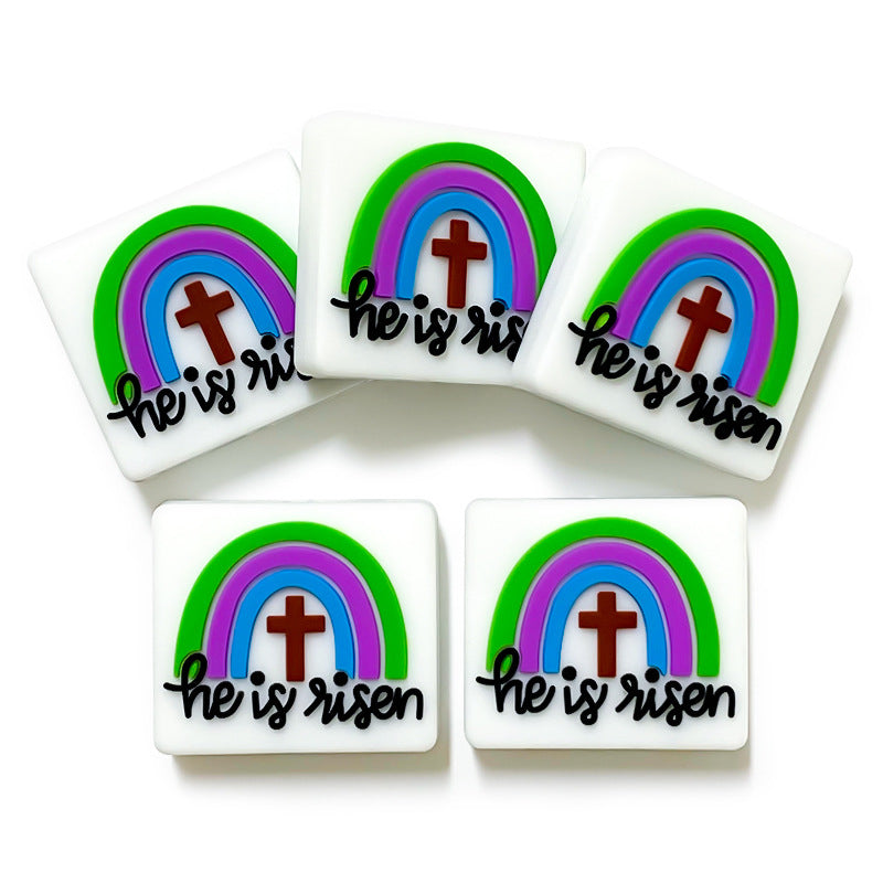 Silicone Focal Beads Rainbow Cross With He Is Risen Text 20pcs