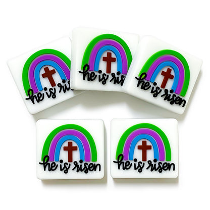 Silicone Focal Beads Rainbow Cross With He Is Risen Text 20pcs