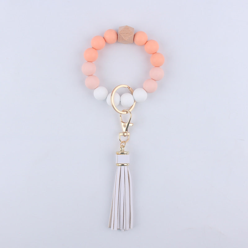 Silicone Beaded Wristlet Keychain with Wooden Beads and Leather Tassel 8cm 6