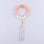Silicone Beaded Wristlet Keychain with Wooden Beads and Leather Tassel 8cm 6