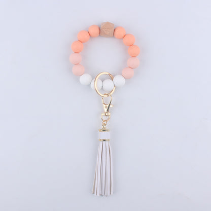 Silicone Beaded Wristlet Keychain with Wooden Beads and Leather Tassel 8cm 6
