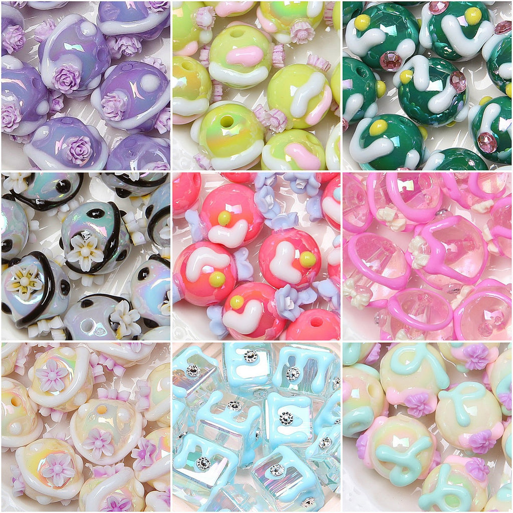Painted Flower Acrylic Beads 16mm Round 14x18mm Square Purple Hand Painted 1pc