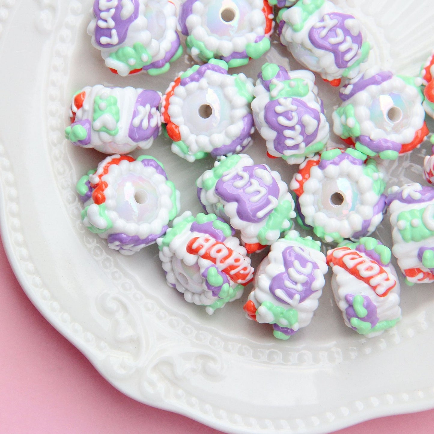 Hand Painted Animal Cream Cake Acrylic Beads 18-23mm Colorful 10pcs 5