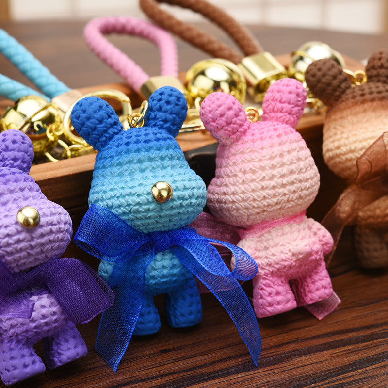 Resin Gradient Wool Rabbit Animal Charm Keychain with Organza Bow 3