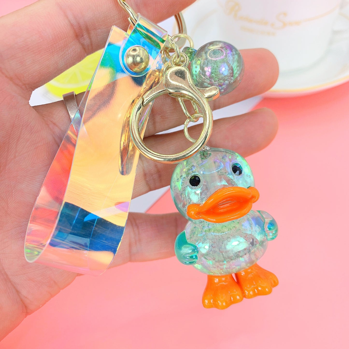 Acrylic Duck Keychain Colorful Translucent Orange Accents 3