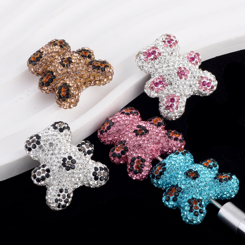 Polymer Clay Bear Rhinestone Beads 30mm Leopard Print Chunky 6pcs 4