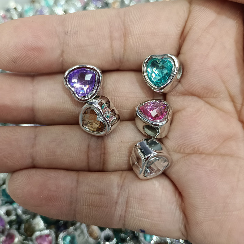 Colored Heart Flat Acrylic Beads 12mm Rhinestone Embeded 100pcs