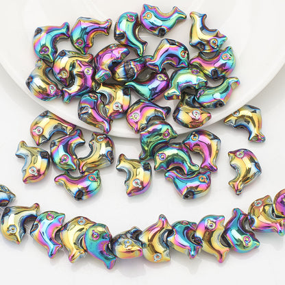 Plating 3D Dolphin Glass Beads 11x16mm Iridescent Colors 30pcs 7