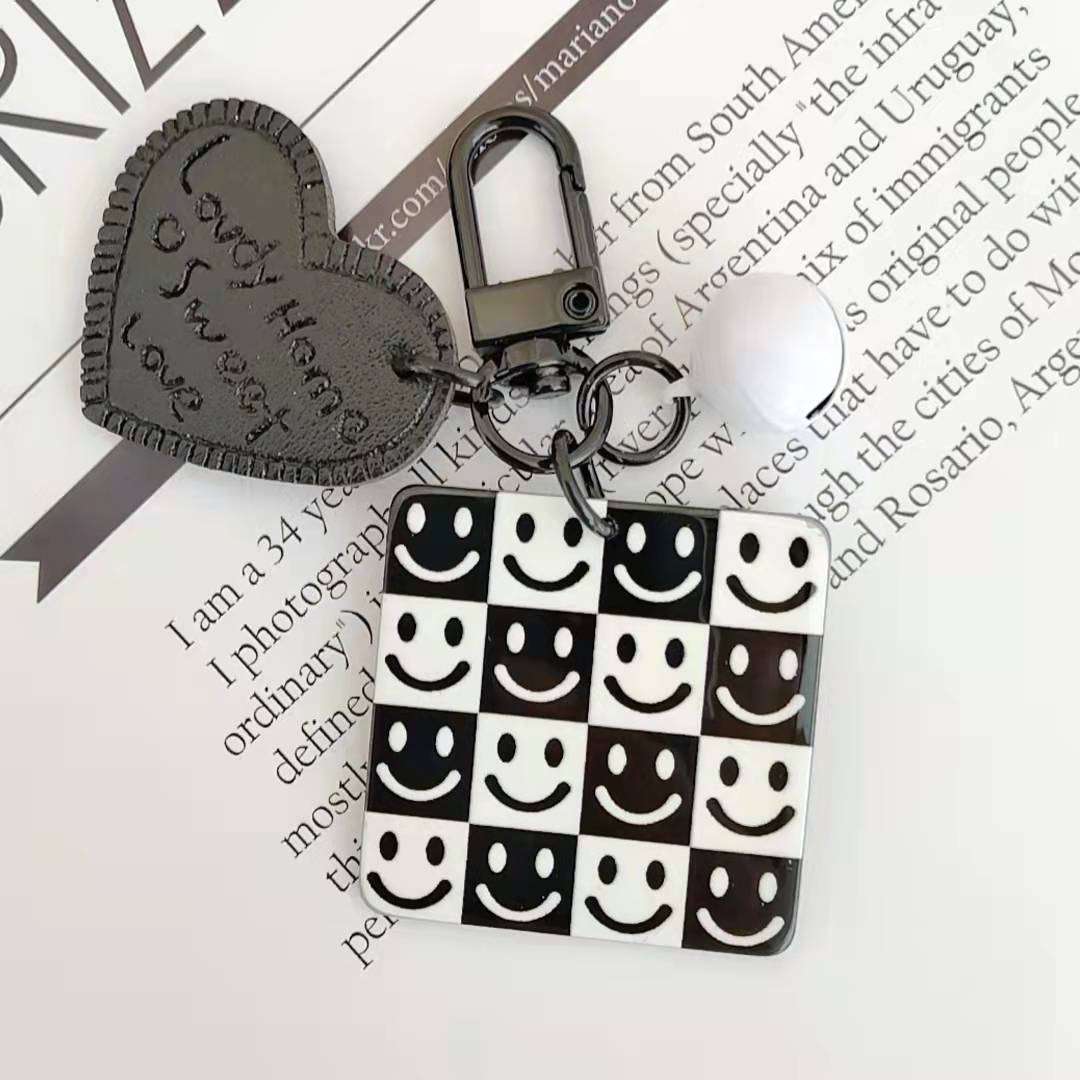 Cartoon Acrylic Plaid Striped Heart Leather Keychain Monochrome Design 13