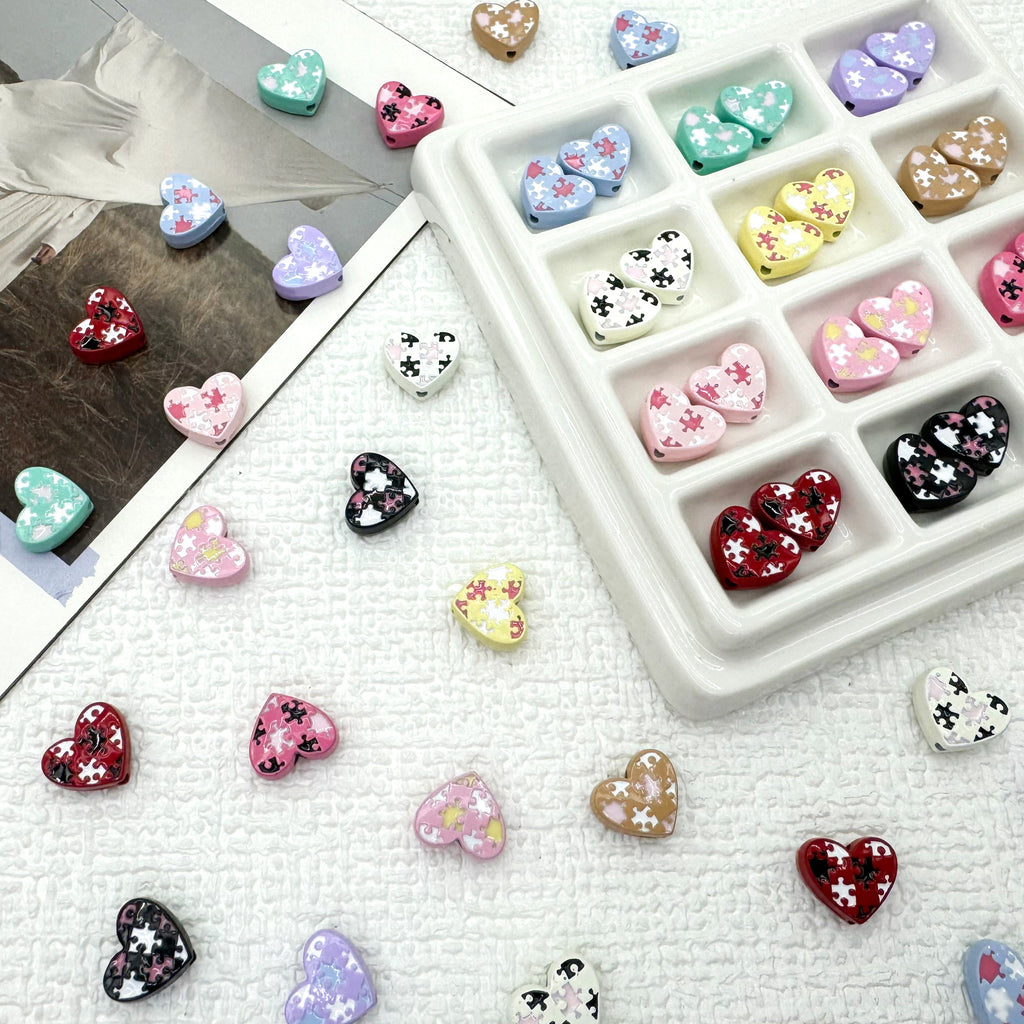 Heart Metal Beads 12mm Baking Painted Puzzle Pattern Enamel 10pcs 2
