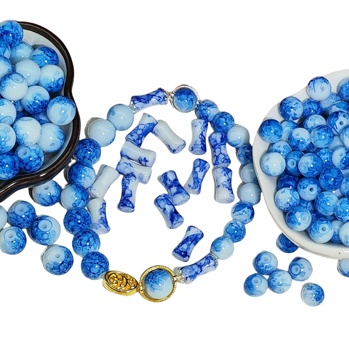 Antique Blue And White Porcelain Pattern Glass Beads 6x12mm 8mm 10mm 100pcs 5