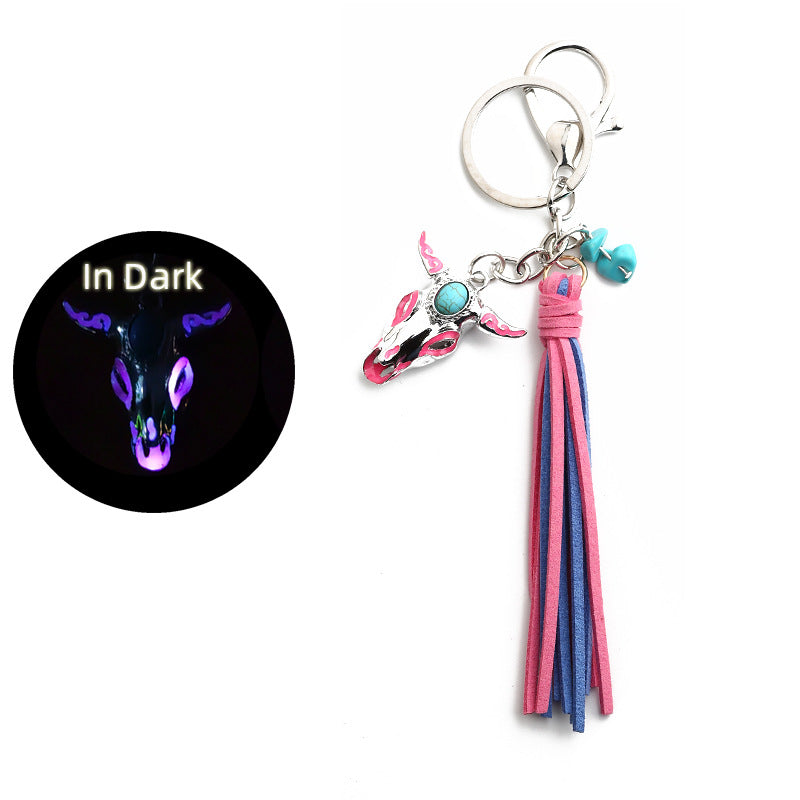 Western Glow in the Dark Ox Skull Keychain Metal Turquoise Tassel 5