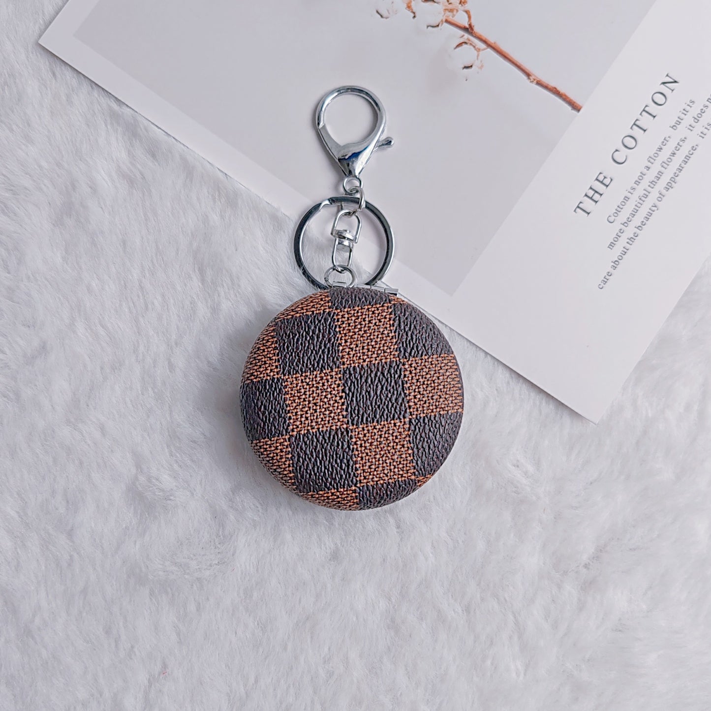 Plaid Pattern PU Leather Round Mirror Keychain Gold Clasp 2pcs 10