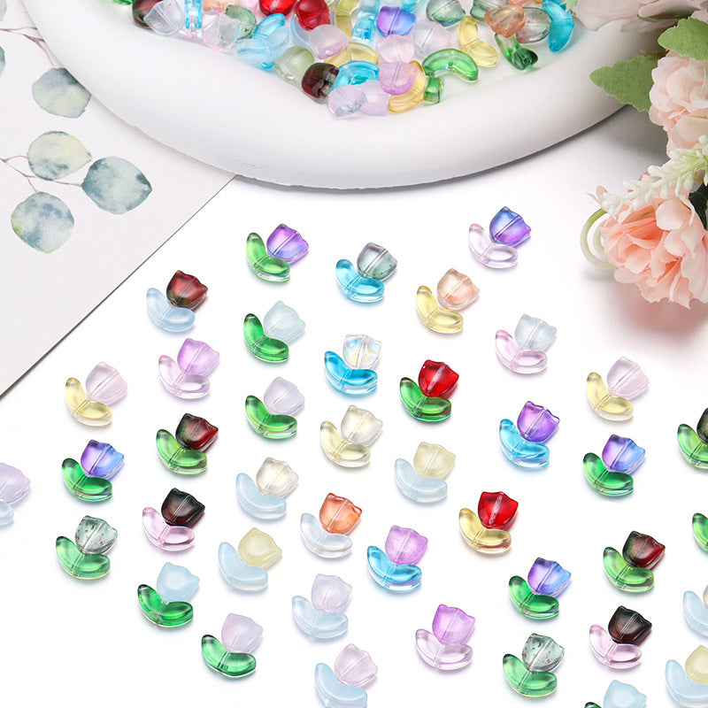 Czech Glass Beads Tulip Petals And Leaves Vintage Frosted 9mm 200pcs