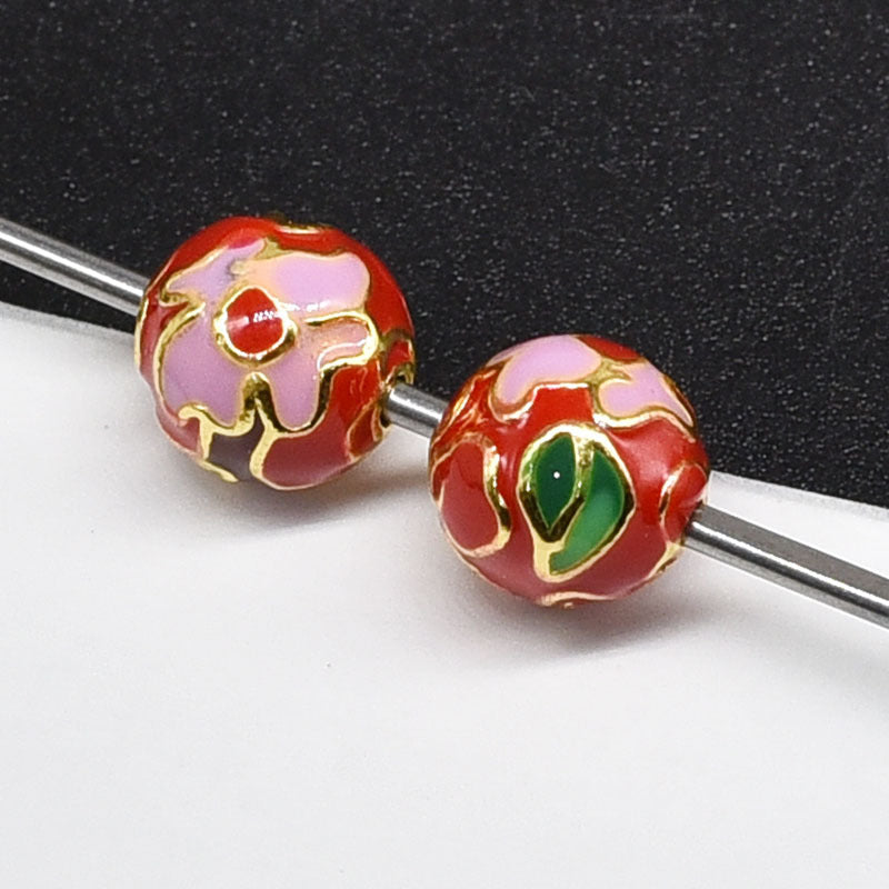 Flower Leaf Pattern Metal Beads 6/8/10mm Colorful Cloisonne Enamel 10pcs 4