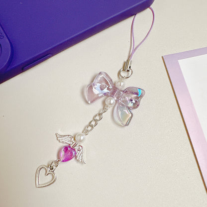 Acrylic Angel Wing Phone Charm Pastel Bow Pendant 4pcs 13cm 9