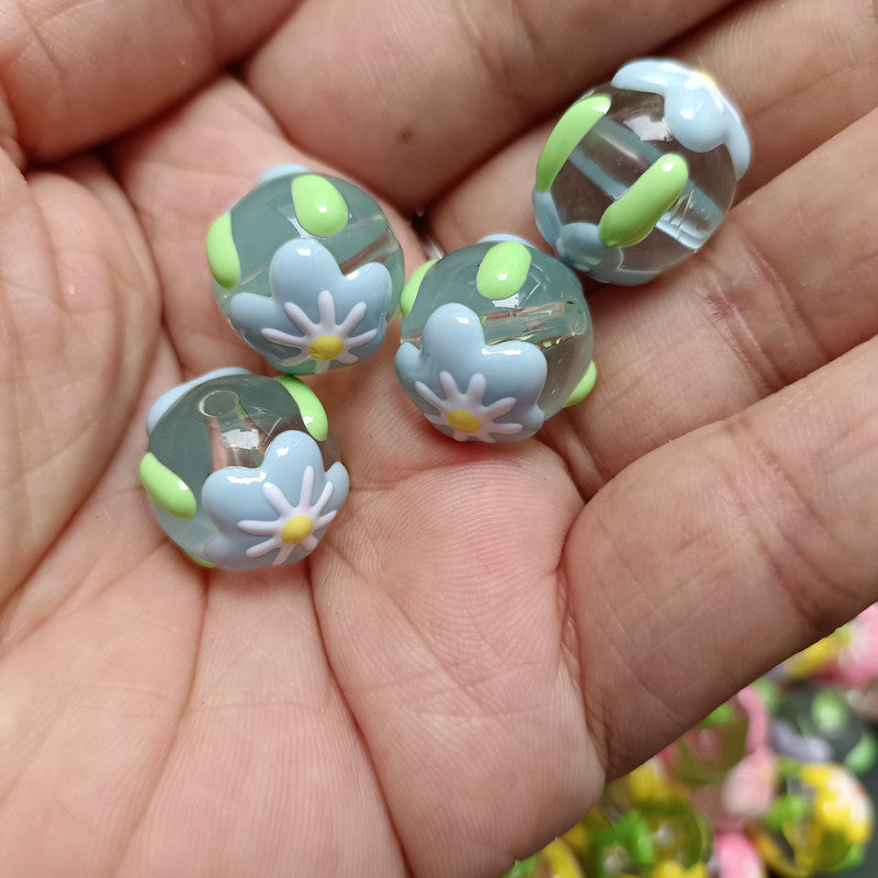 Hand Painted Flower Acrylic Beads 16mm Transparent Round 100pcs 4