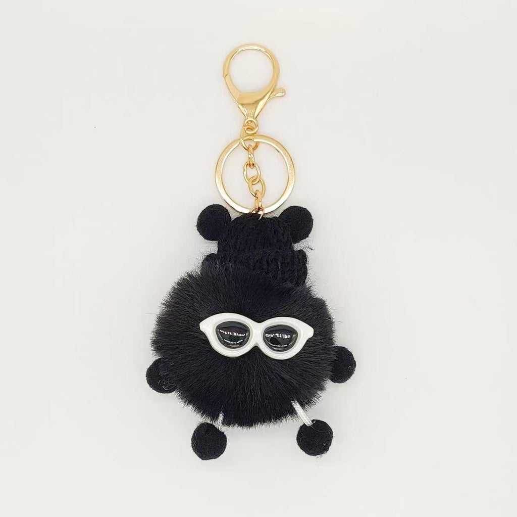Fluffy Pom Pom Monster Doll Keychain with Sunglasses and Knitted Hat 2