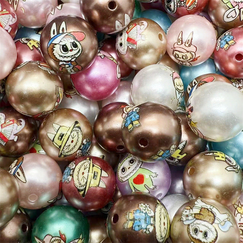 Pearl Round Acrylic Beads 16mm Labub Printed Mixed Colors 100pcs 2