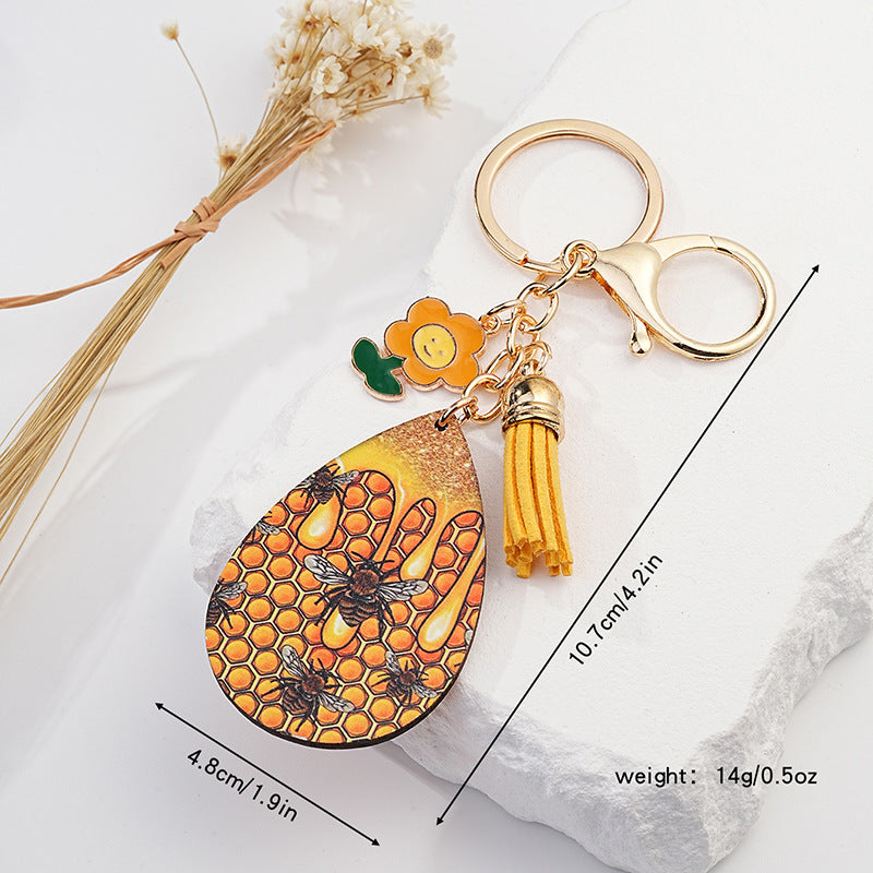Honeycomb Keychain Metal Golden Bees Tassel Nature Design 5
