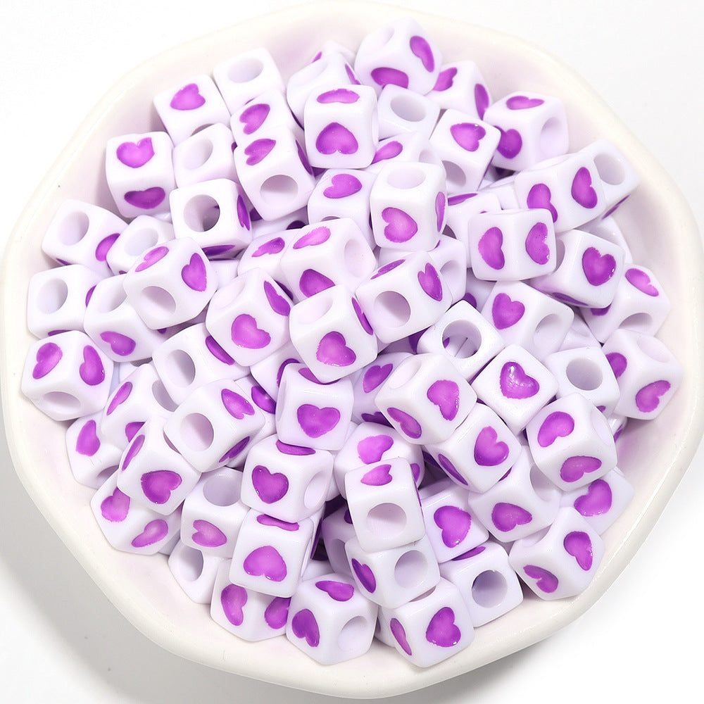 Square Acrylic Beads 6.7mm Glossy Dripping Oil Love Design 100pcs 10