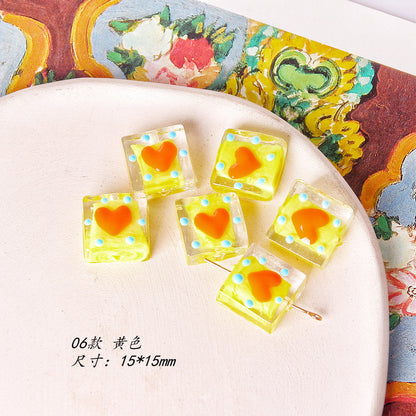 Lampwork Glass Beads Square 15mm Hand Painted Dotted Heart 10pcs 11