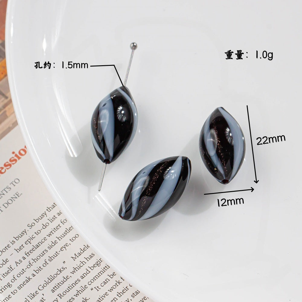 Vintage Pattern Olive Shaped Blown Glass Beads Handmade 4pcs 6