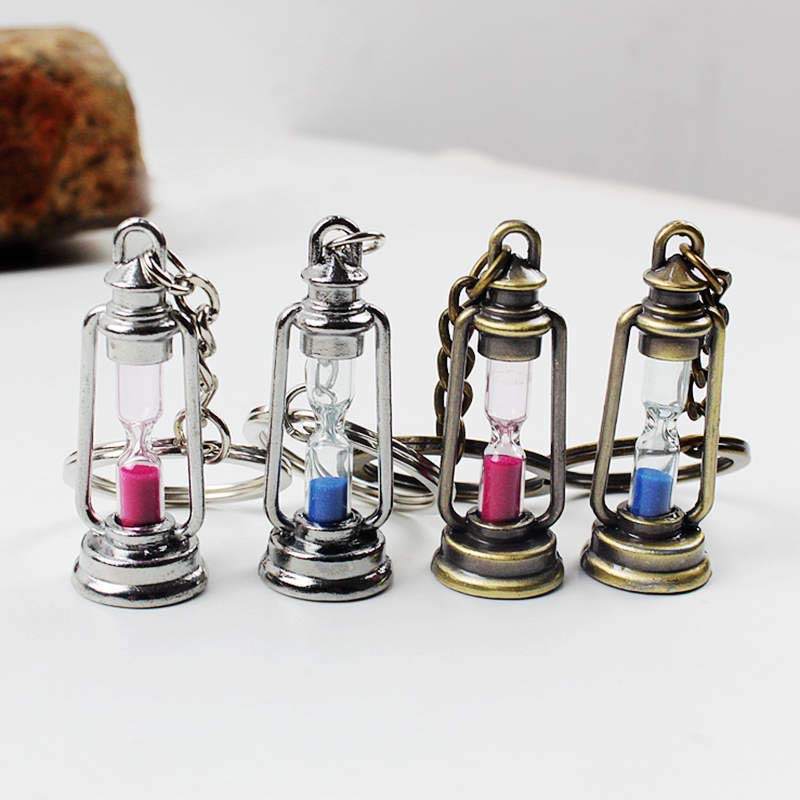 Vintage Metal Kerosene Lamp Hourglass Keychain with Colorful Sand 3