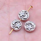 Convex Star and Moon Metal Beads 9mm Textured Silver Tone 40pcs
