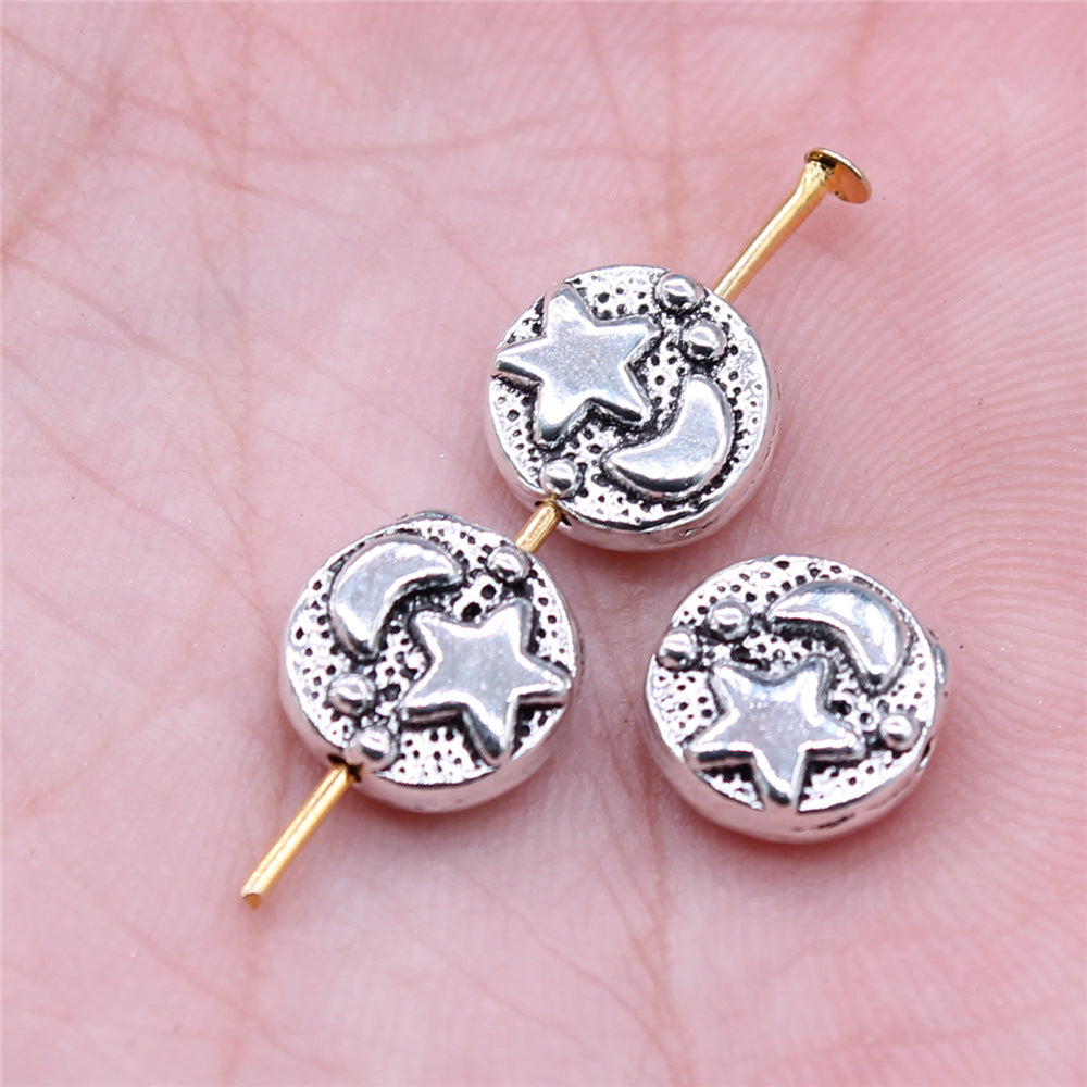 Convex Star and Moon Metal Beads 9mm Textured Silver Tone 40pcs