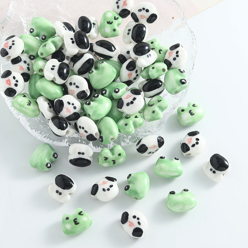 Hand Painted Frog and Puppy Ceramic Beads Glossy Finish 5pcs 4