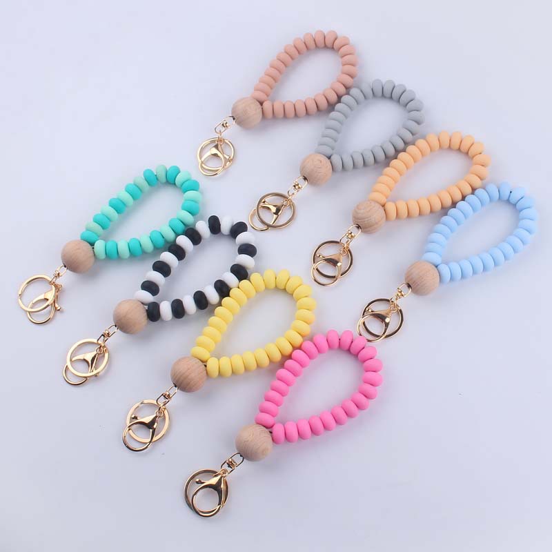 Silicone Beaded Flat Wristlet Keychain with Wood Accent