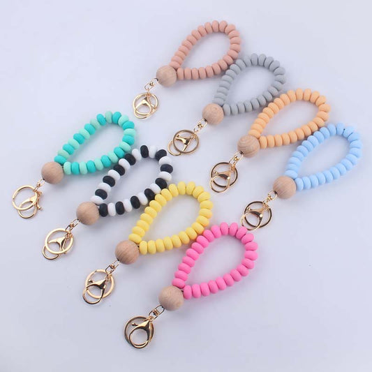 Silicone Beaded Flat Wristlet Keychain with Wood Accent